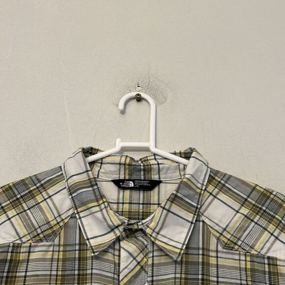 The North Face yellow gray plaid short snap button front shirt Size L EUC - Picture 3 of 12